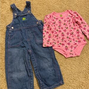 John Deere Blue Denim Kids Overalls and bodysuit pink